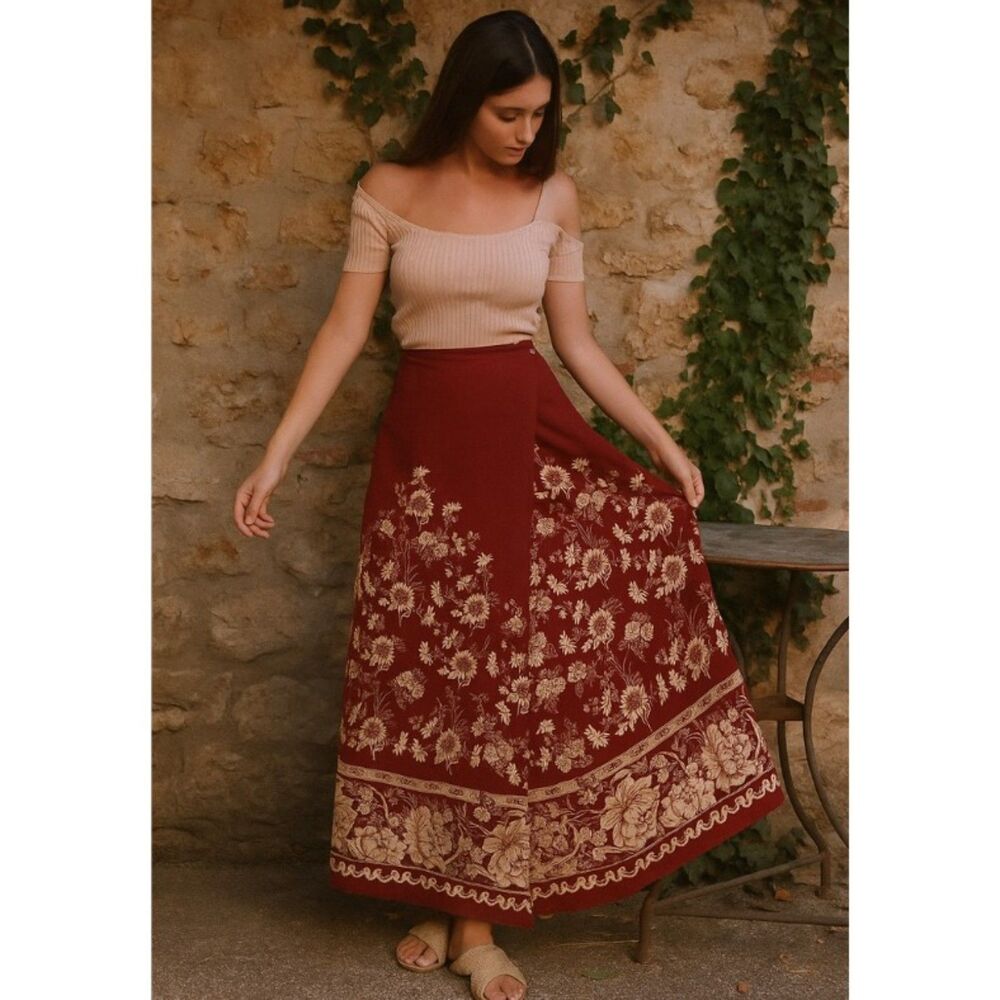 April Cornell Burgundy Maxi Skirt with Cream Floral Border
